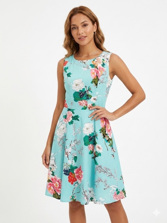 Hanpceirs Dresses & Skirts - Hanpceirs Floral Fit & Flare Sleeveless Dress - Aqua Floral